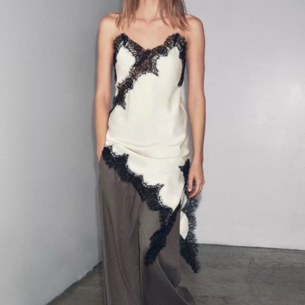 Cami NYC Silk Camisole Sleeveless Dress Top Ivory Asymmetrical Hem Black Lace - Picture 11 of 11